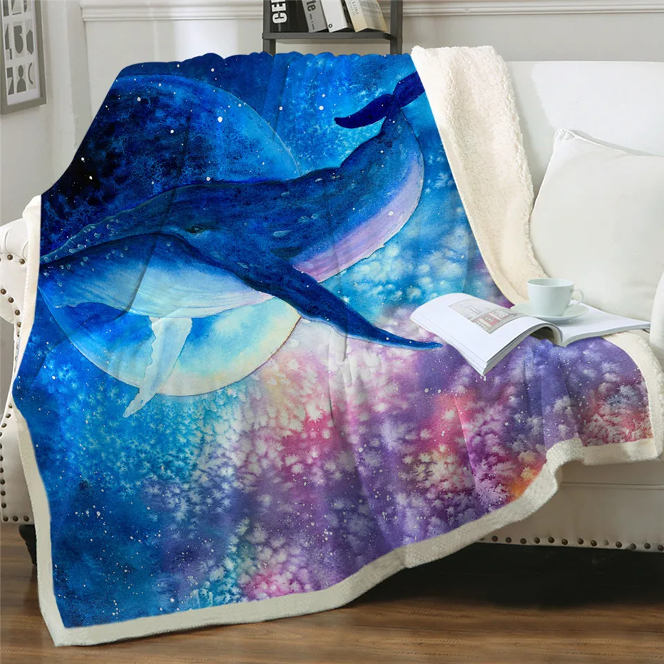 New Psychedelic plyšové zviera veľryba Sherpa Deka Modrá Fialová galaktickej posteľná bielizeň akvarel priestor mesiac Mantis