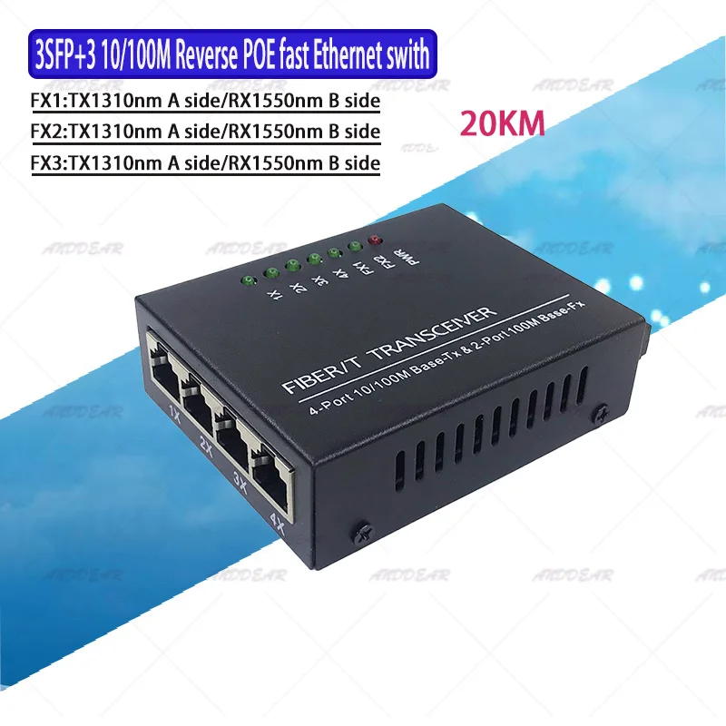 3SC3UTP Zadnej strane POEFast Erhetnet 10/100M Ethernet Switch 3 Vlákniny Port SC 20KM3UTP RJ45 FiberOptical Prepínač PCBA s Adaptérom