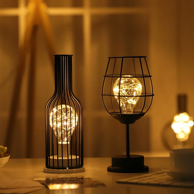Nordic lampa železa dekoratívne lampy, červené víno, pohár červeného vína, fľaša medený drôt lampa LED dekoratívne noc la
