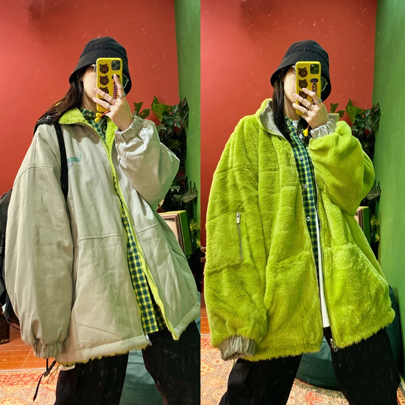 Harajuku Ulice, hip-hop, jednofarebné s dvoch strán BF priateľ voľné Plyšové windbreaker kabát hrubé ženy kabáty bundy bundy