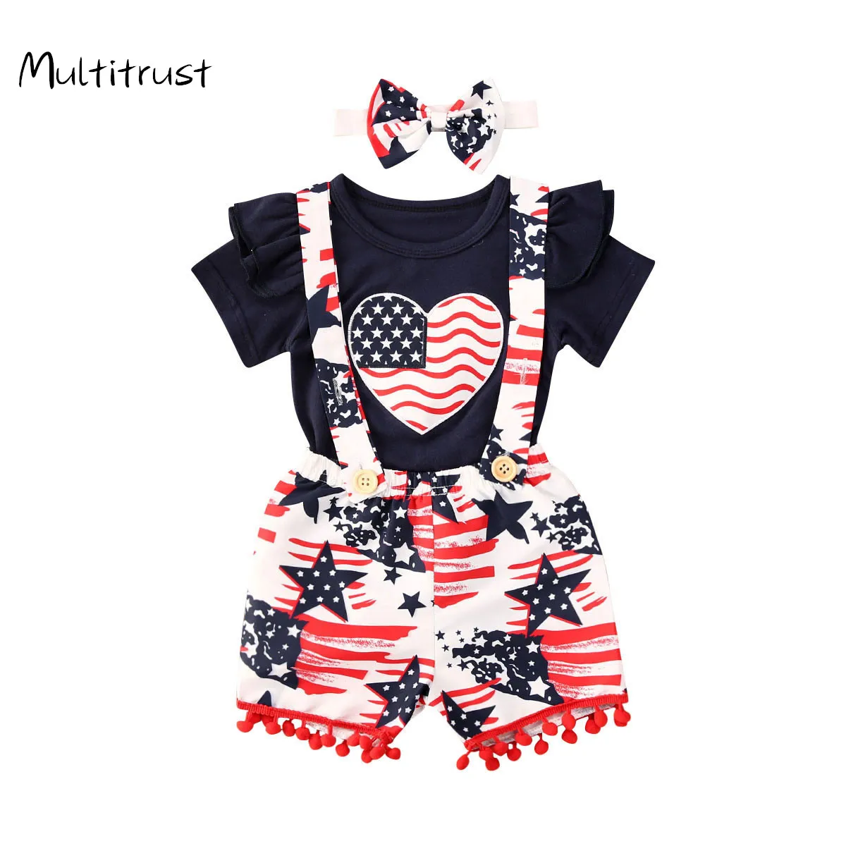 Multitrust 2020 Dieťa Dievča Oblečenie Pre Deň Nezávislosti Srdca Tlače Lietania Rukáv Jumpsuit+Hviezdy Prúžok Podväzkové + Hlavový Most