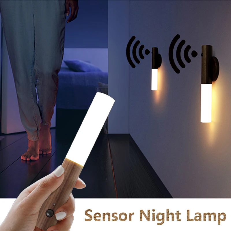 Smart LED Infračervený Senzor Fotosenzitívne Drevené Nočné Svetlo Bezdrôtové pripojenie USB Nabíjateľné Nocí Lampy, Nočné Šatník Nástenné Svietidlo