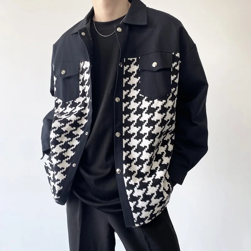 Muži Houndstooth Koberčeky Spájať Rez Lem Vintage Voľné Bežné Bunda, Kabát Muž Kórejský Streetwear Kabát Jar Jeseň Vrchné Oblečenie
