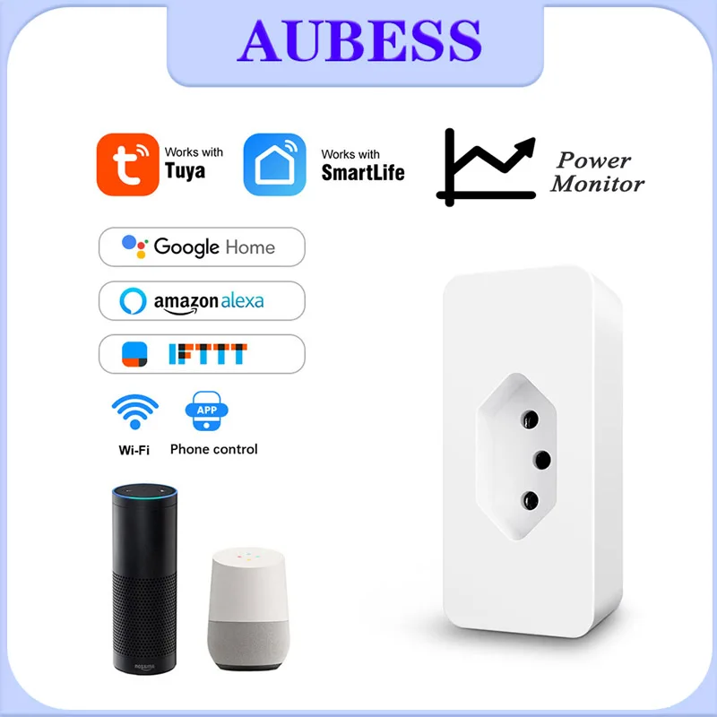 Aubess Tuya WiFi Smart Plug , 16A Brazília Norma Inteligentný Život APP Remote Smart Zásuvky Hlas Pracuje Pre Google Domov, Alexa Echo