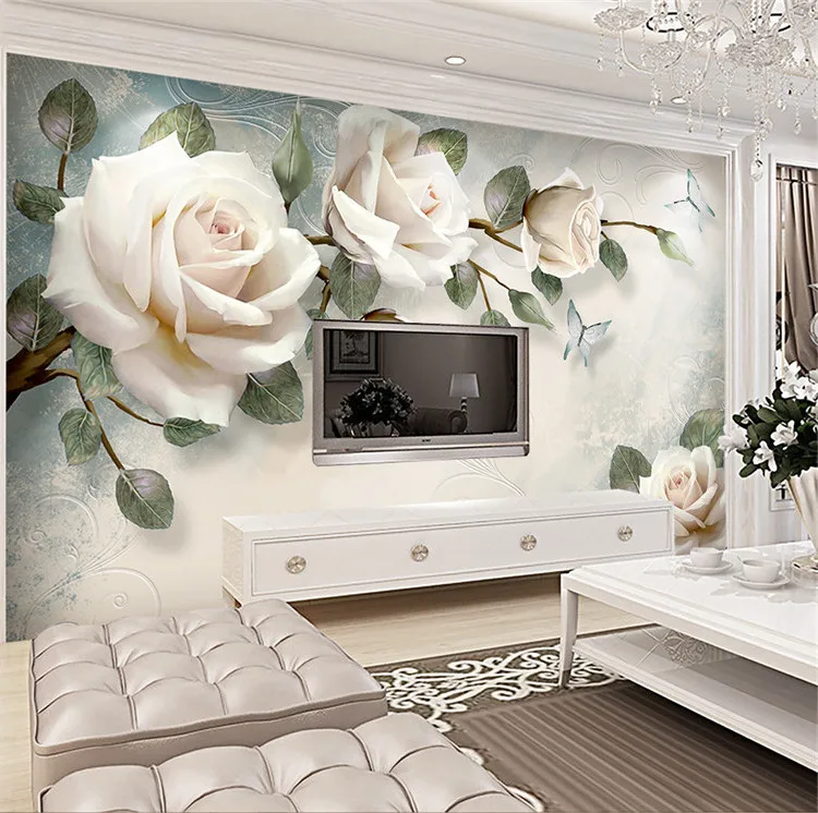 3D Európsky štýl foto jednoduché tapety ručne maľované olejomaľba kvety bielej ruže obývacia izba gauč TV joj, nástenná maľba