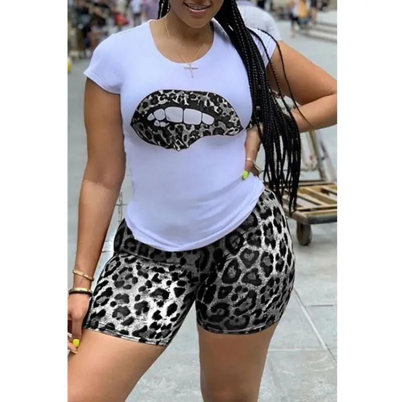 Letné Nové Módne dámske Sexy Leopard Tlač Pery Vytlačiť Jeden-Ramenný dámske Tričko a Šortky Vyhovovali Oblečenie pre Ženy