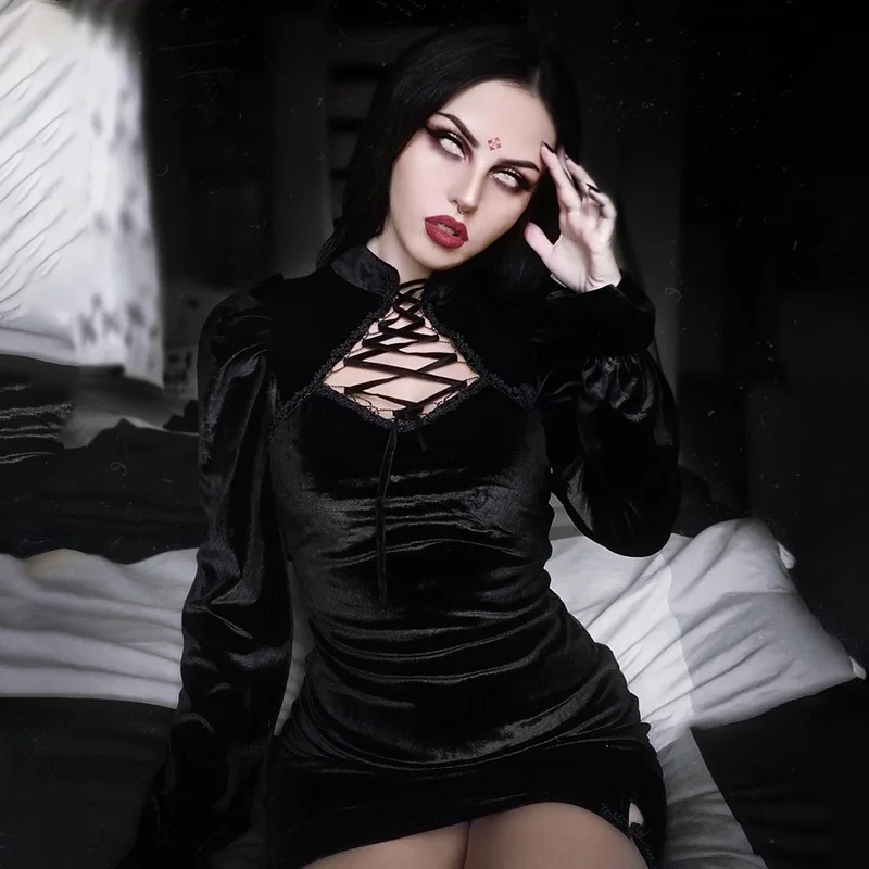 E-dievča Gothic, Vintage Elegantné Čierne Zamatové Šaty Žien Harajuku Čipky Duté Z Dlhý Rukáv Šaty Štíhly Vysoký Pás Mini Šaty