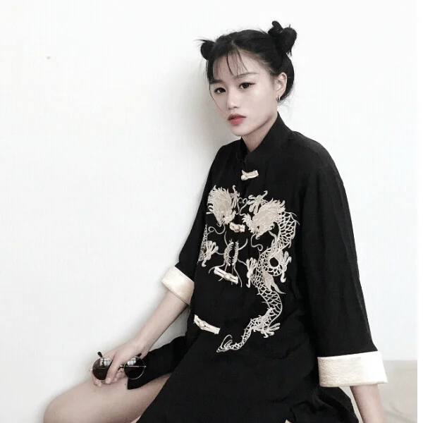 Čína Black Gotický Tang Vyhovovali Tričko Šaty Dievčatá, Ženy Hanfu Čínskej Tradičnej Blúzka Singel Svojim Dragon Výšivky Bunda
