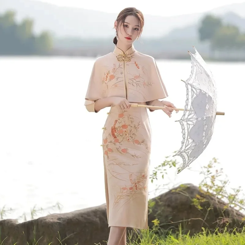 Jeseň Elegantný Štíhly Dva-kus Čínskej Tradičnej Šaty Žien Hanfu Dlhý Rukáv Qipao+Šál Nastaviť Žena Vestido Chino Cheongsams