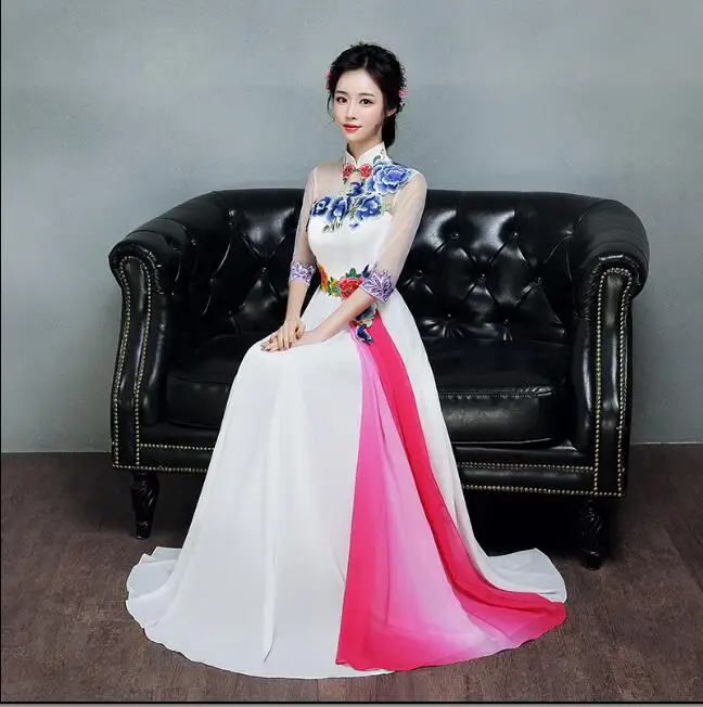 Ženy Výšivky Večer Čínske Šaty Biele Cheongsam Qipao Dlhé Letné Zlepšenie Fáze