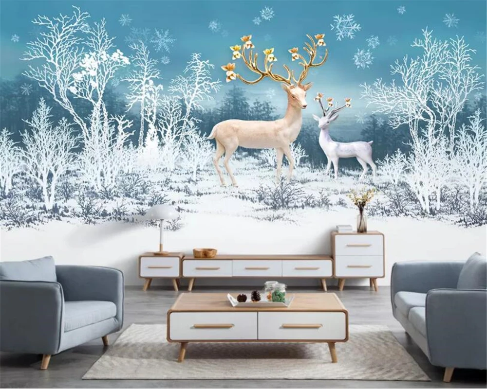 Vlastné domáce interiéru, 3d tapety moderné malé čerstvé sen jeleň lesný snehu Moderné pozadí steny 3d tapeta nástenná maľba