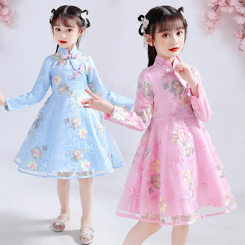 Čínske Dievčatá Výšivky Cheongsam Vintage Šaty Flower Girl Dress Sladké Večer Party Šaty, Sukne Deti Nový Rok Šaty Cosplay