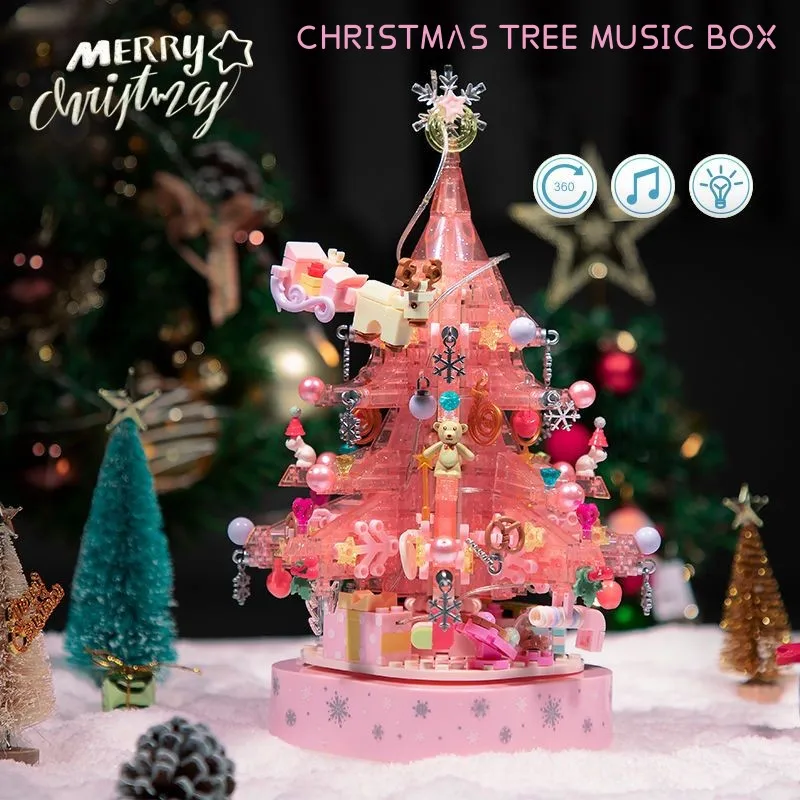Vianočný Stromček Stavebné Bloky Rotujúce Svetlo Music Box Santa Claus LED Svetelný Model Tehly Dievčatá Montáž Hračky pre Deti Darček