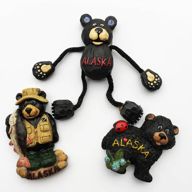 Aljašský Bear 3D Magnety na Chladničku so suvenírmi Alaska Magnetické Chladnička Nálepky Plavidlá Živice Cartoon Zvierat Domova Darčeky Nápady