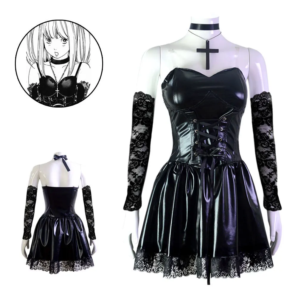Death Note Cosplay Kostým Míša Amane koženka Sexy Šaty +Krk šperky+pančuchy+náhrdelník Jednotné Oblečenie Halloween Parochňu