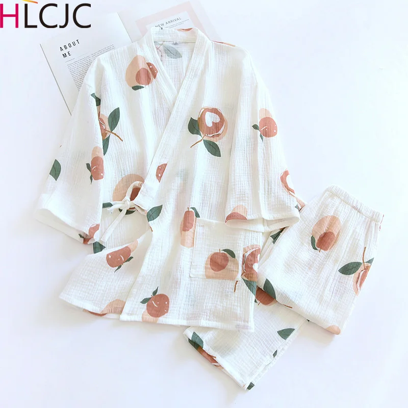 Na jar a v Lete Čistá Bavlnená Priadza Kimono Pyžamo tvaru Tlač Plus Veľkosť Pijama Mujer Plavky Ženy 2 Kus Sleepwear
