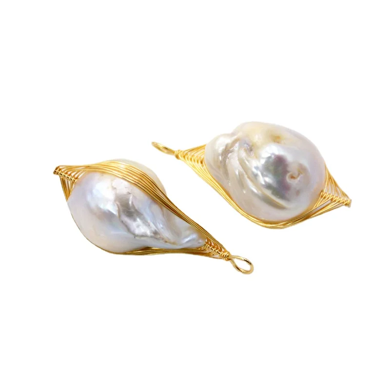 Prírodné Sladkovodné Perly Prívesok Baroková Perla Fireball Pearl Prívesok Drôt Zabalené 24k Zlata Farba Pozlátené Šperky